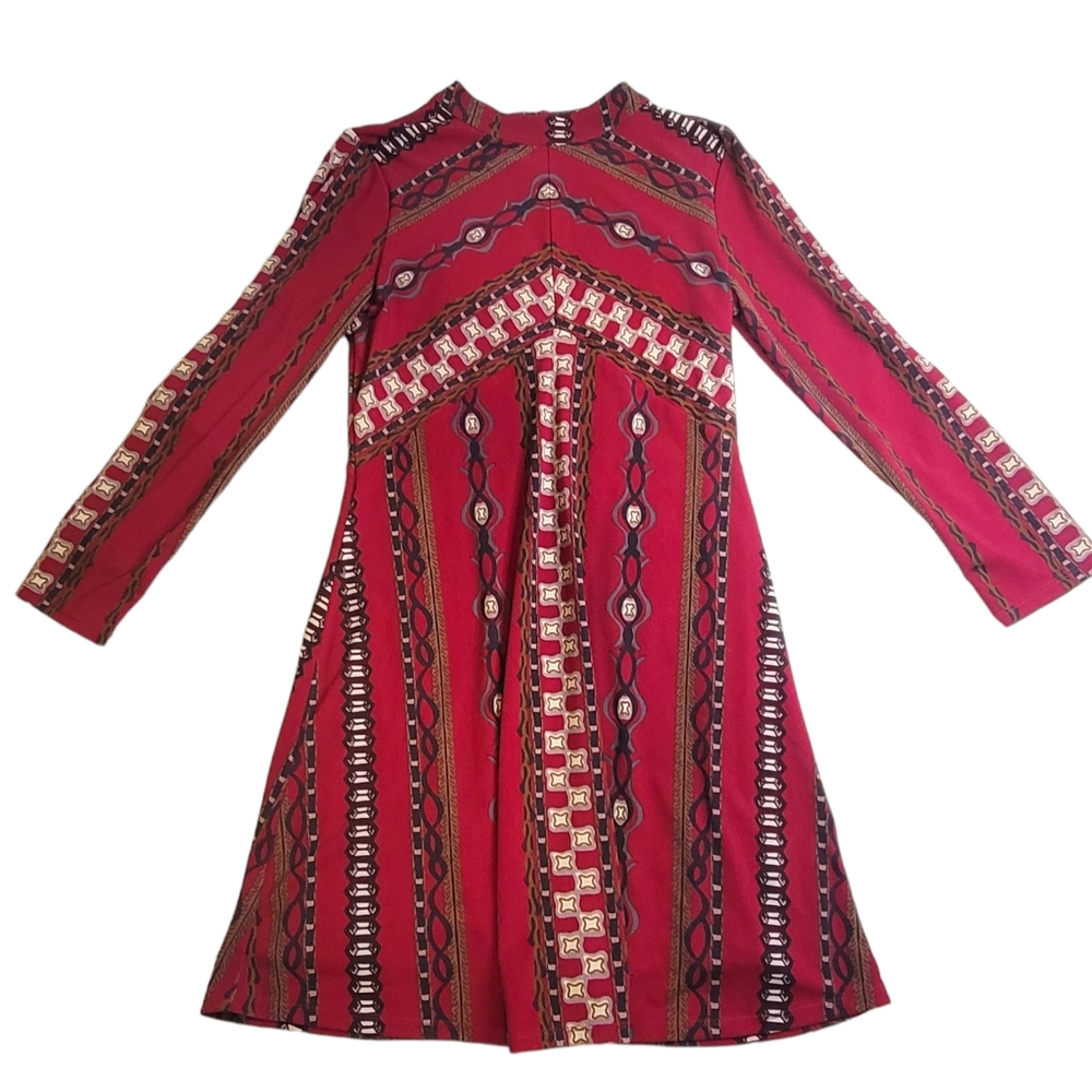 Free People Mod Red Geometric Sz S Stretch Knit Long Sleeve Womens Swing Dress